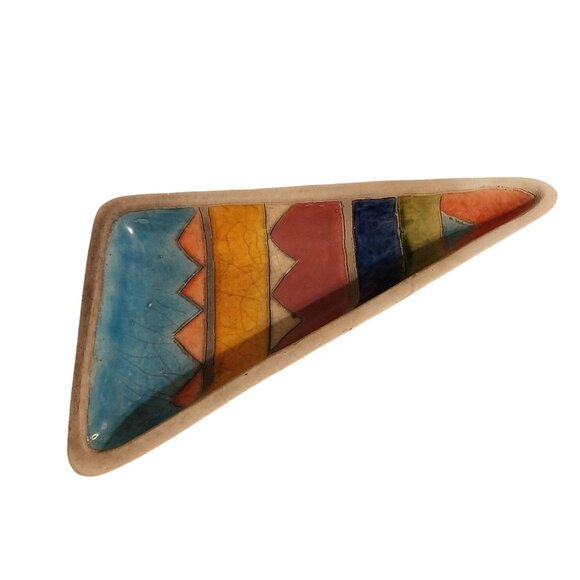 Raku PottGeometric Ceramic Triangle Dish From South Africa With Multicolor Desig - Picture 3 of 7